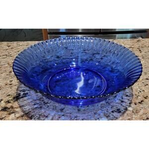 Vintage COLOREX 9.5” Serving Bowl Made In Brazil Cobalt Ribbed Glass Edge